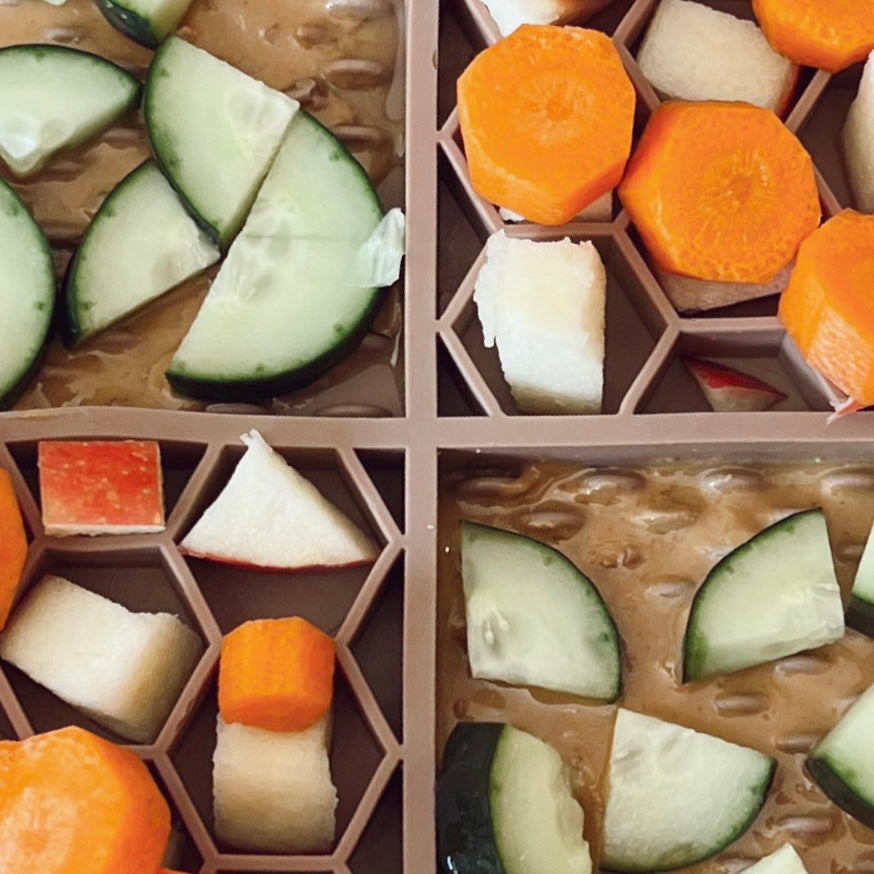 Carrots, cumbers, apples and peanut butter spread on a dog lick mat.