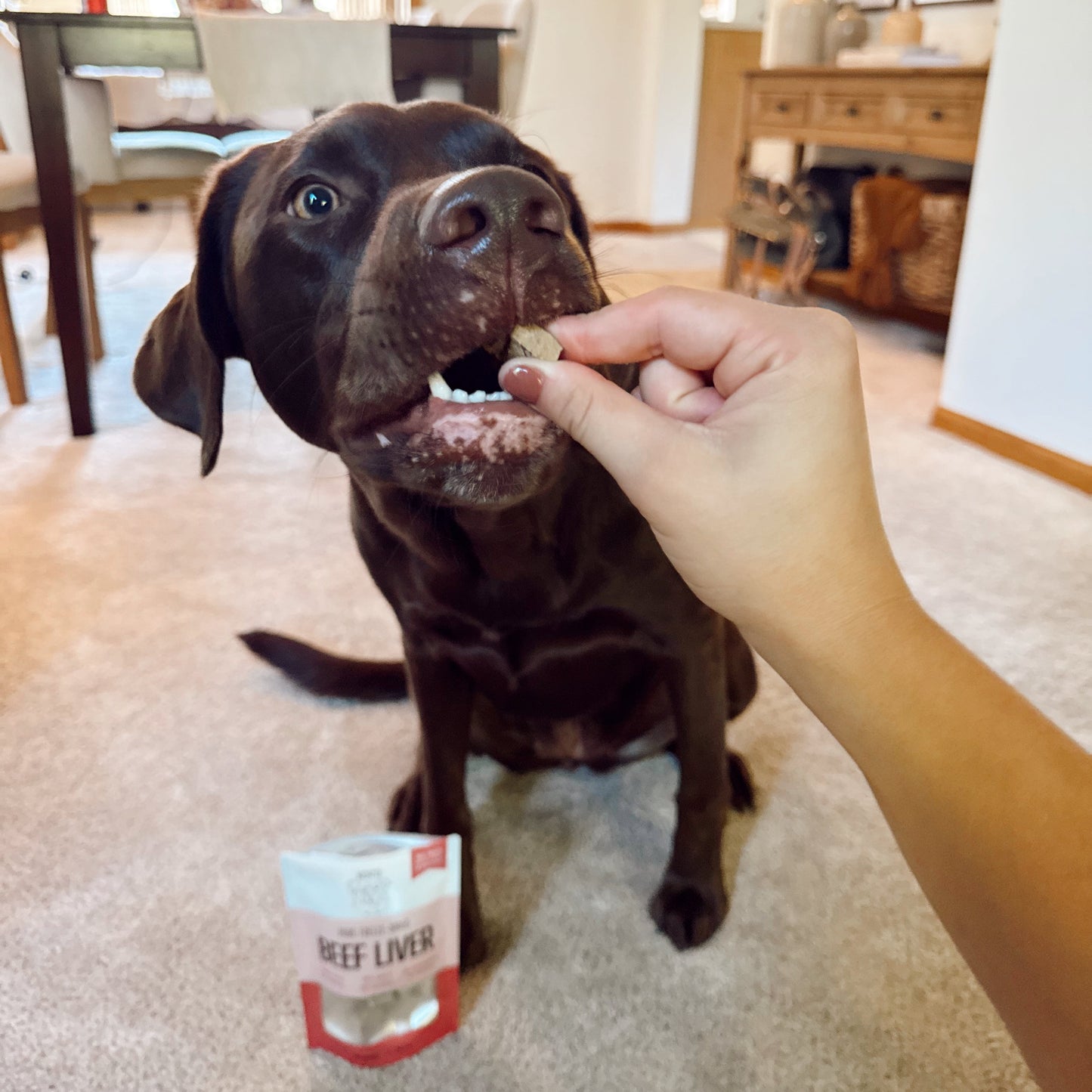 Dog being fed a treat with a package of 'Beef Liver' treats in the foreground.