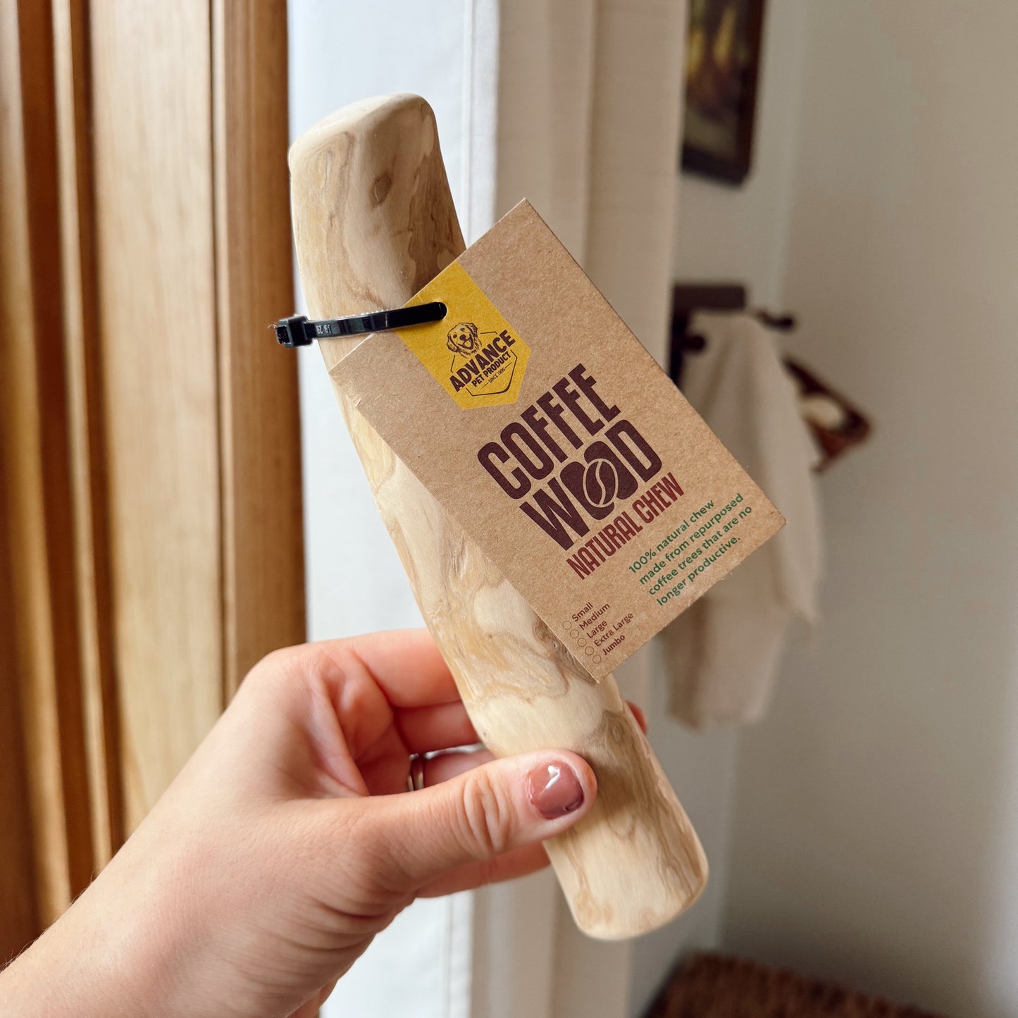 Hand holding a dog coffee wood stick indoors.
