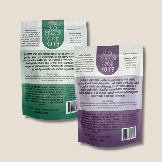 Koira pet product packaging with green and purple design on a beige background