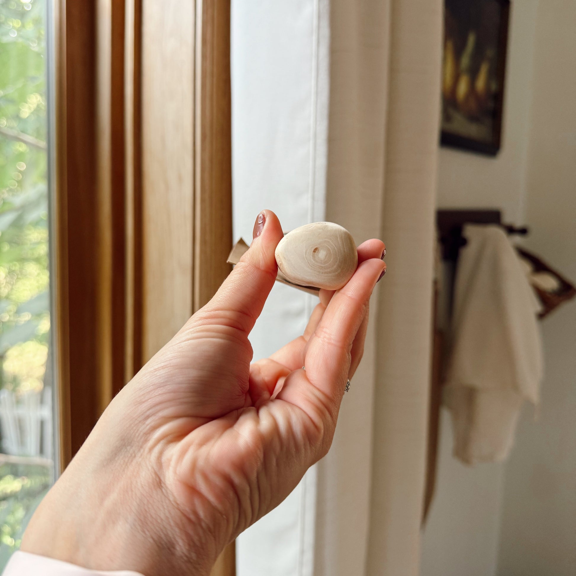 Hand holding a dog coffee wood stick sideways indoors.