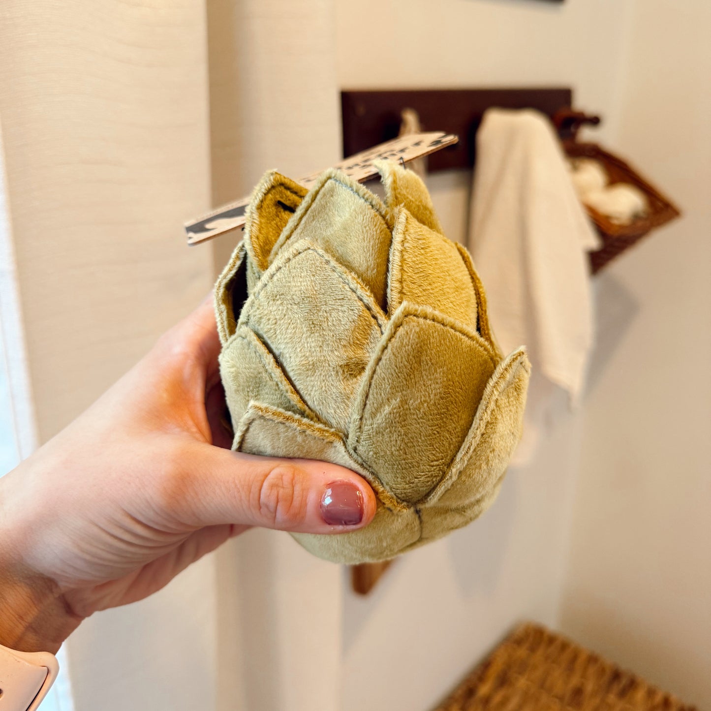 Hand holding a green dog toy.