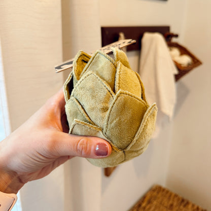 Hand holding a green dog toy.