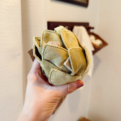 Hand holding a green dog toy with treats in it.