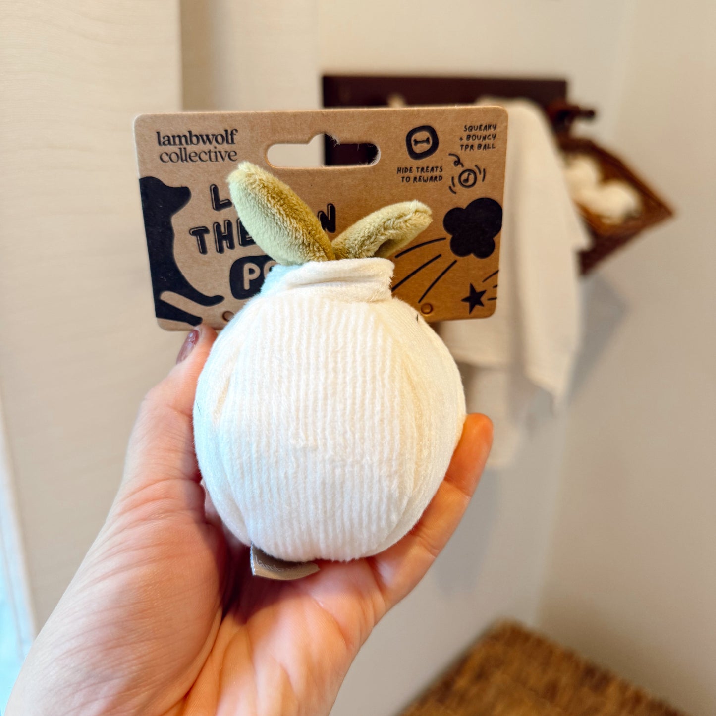 Hand holding a small garlic dog toy indoors.