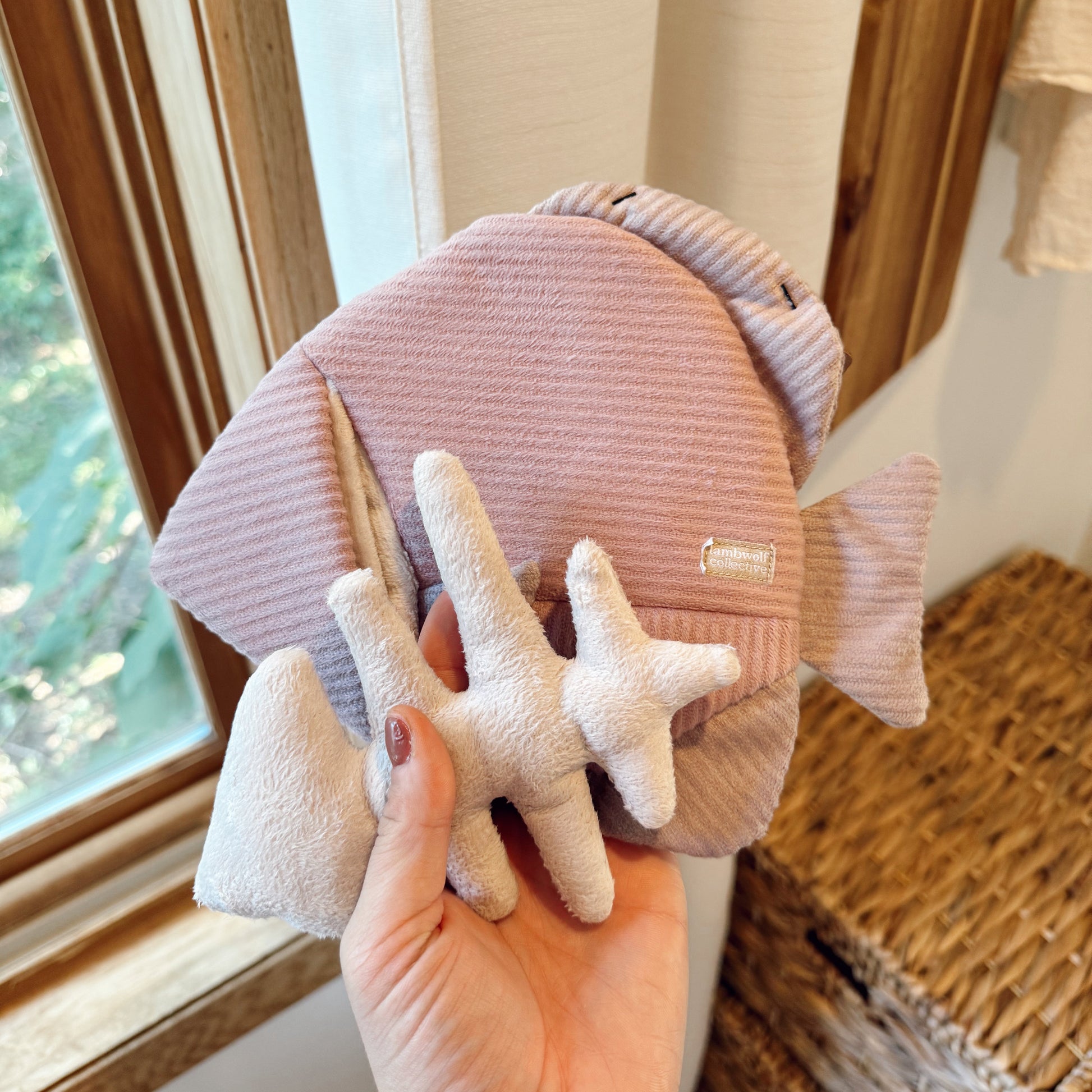 Hand holding an angel fish dog toy indoors.