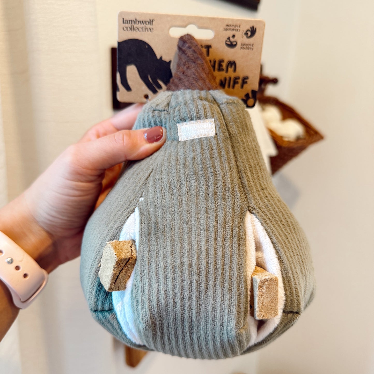 Hand holding butternut dog toy with treats in it.