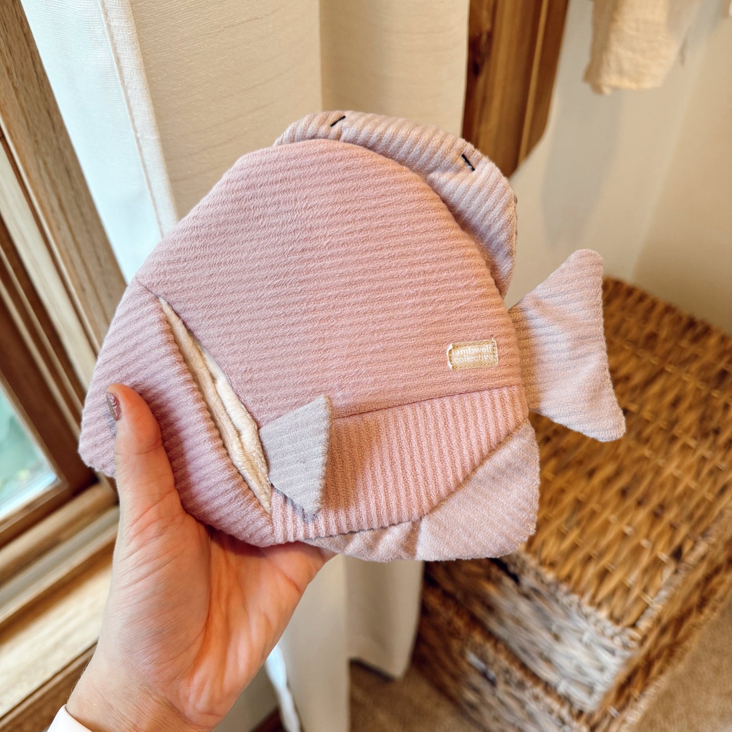 Hand holding angel fish dog toy indoors.