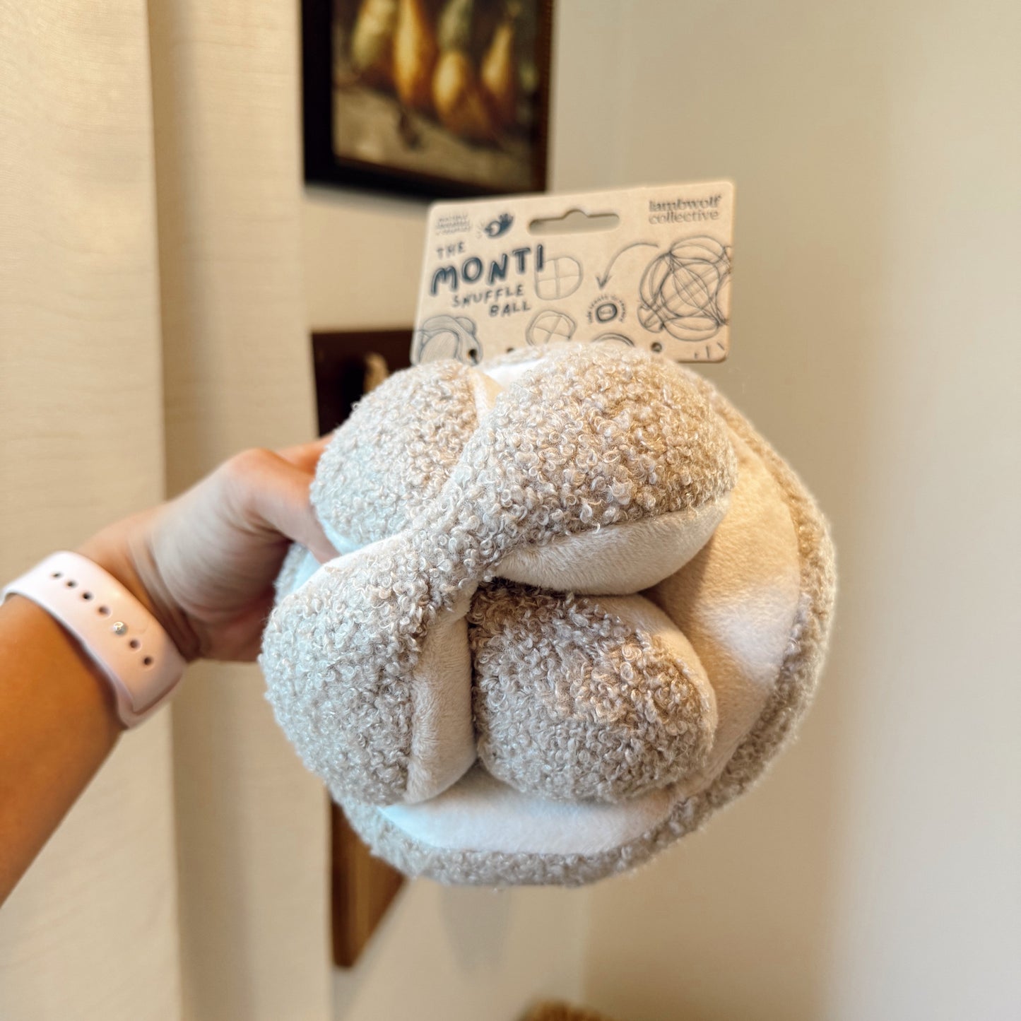 Hand holding a textured ball dog toy indoors.